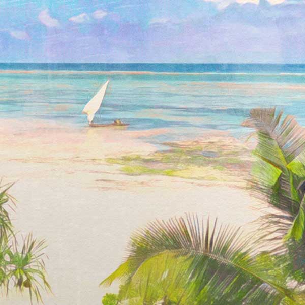 Close-up view of Zanzibar Beach travel poster showcasing Alecse's soft focus style.