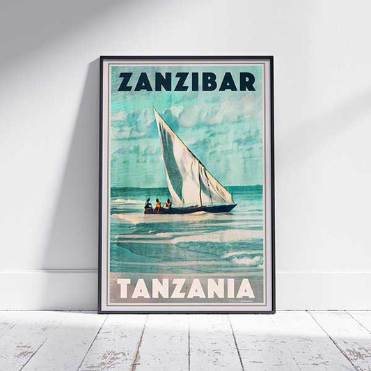 Framed Zanzibar Poster picturing a fishing sailboat on the coast of the archipelago