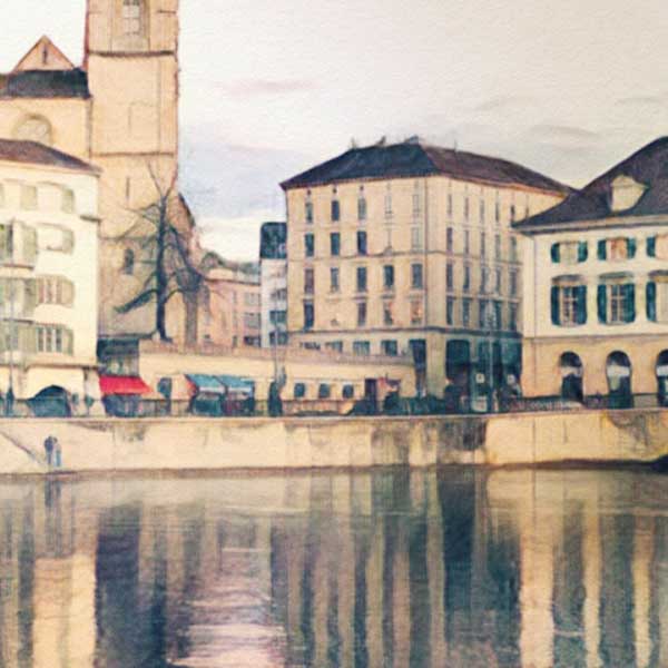 Close-up view of Zurich travel poster showcasing Alecse’s soft focus style