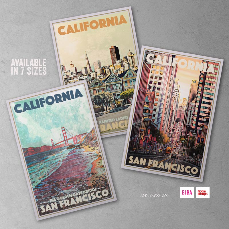 Bundle of 3 posters of San Francisco by Alecse | Includes The Golden Gate bridge poster, The Painted Ladies poster and the San Francisco Tram poster