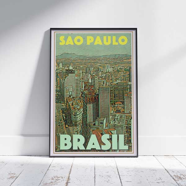 Sao Paulo Panorama Poster framed in white on wooden floor by Alecse