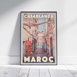 Framed Casablanca Medina Morocco travel poster by Alecse showing a colourful historic street