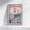 Framed Durham North Carolina Travel Poster on a white wooden floor