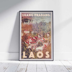 Luang Prabang Laos travel poster by Alecse showing traditional rooftops and lush hills