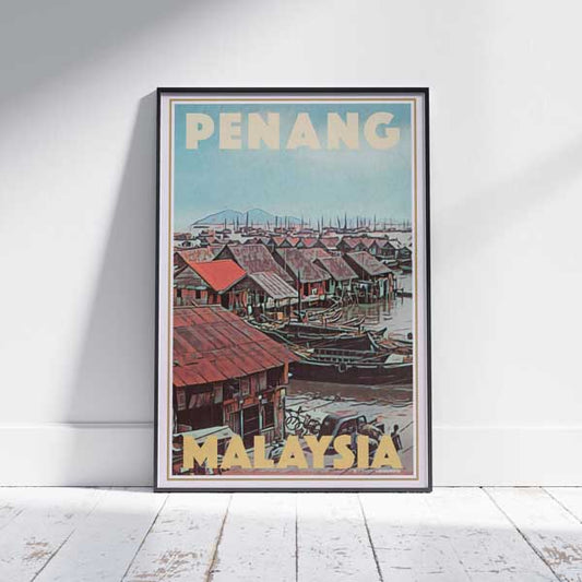 Penang Poster Village de pêcheurs, Malaisie Affiche de voyage vintage