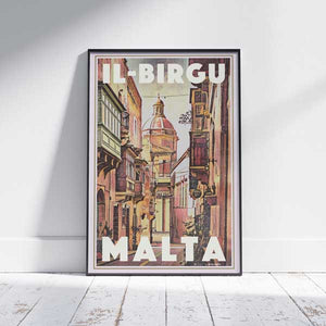 Birgu Malta travel poster by Alecse showing a historic street and domed building