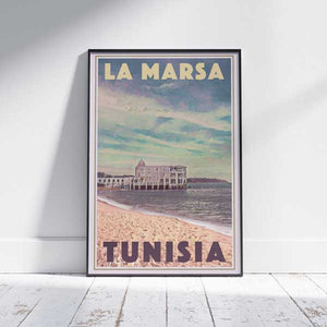 La Marsa Tunisia travel poster by Alecse showing the beach, Mediterranean Sea and Kobbet El Haoua