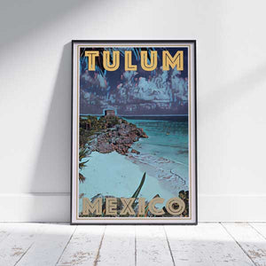 Tulum Mexico travel poster by Alecse showing the tropical landscape and Maya-inspired character of Tulum