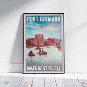 Port Grimaud Gulf of Saint-Tropez travel poster by Alecse showing the colourful waterfront town and its Mediterranean architecture