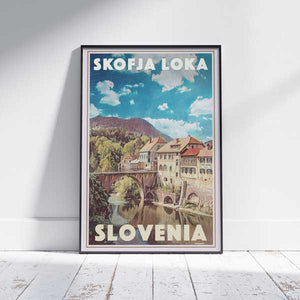 Škofja Loka Slovenia travel poster by Alecse showing the historic Slovenian town in a vintage-inspired composition