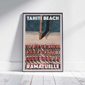 Ramatuelle Tahiti Beach travel poster by Alecse showing the Mediterranean beach and rows of striped umbrellas