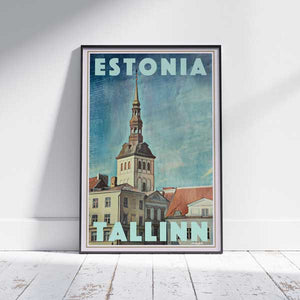 Tallinn Estonia travel poster by Alecse showing a tall historic church tower with a slender spire above cream and pale yellow buildings with red-tiled roofs against a textured blue sky
