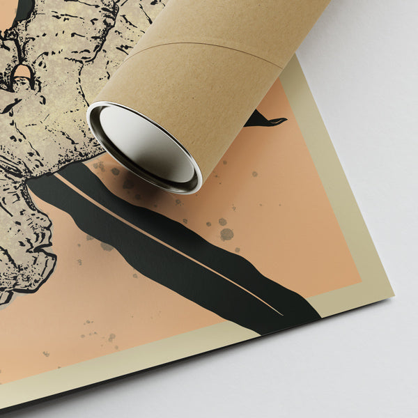 Detail of Cha's signature on the 'Ginger Drip' poster, with a glimpse of the protective shipping tube for this limited edition artwork.