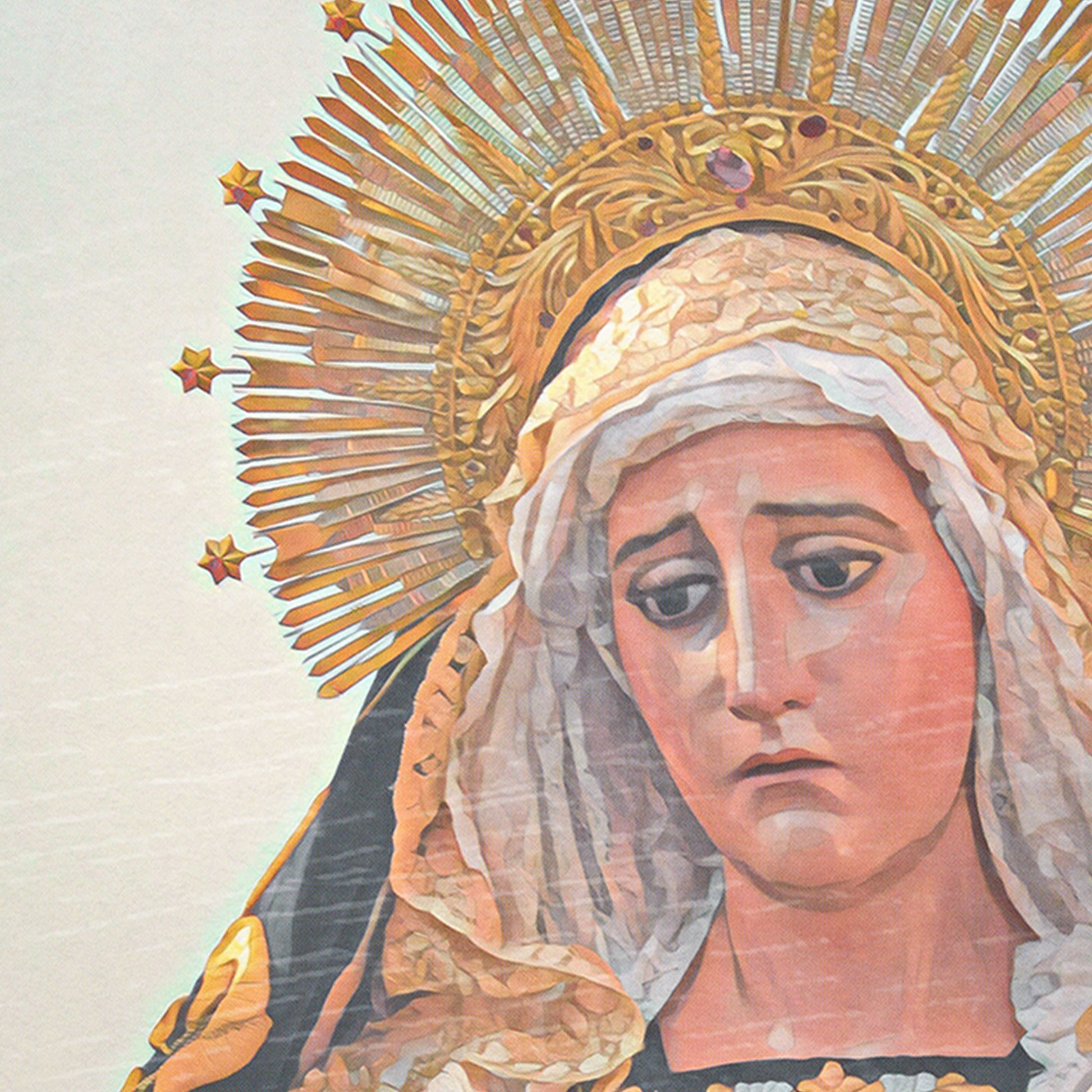 Close-up of Alecse's Virgin Mary Poster Antigua, highlighting the intricate artistry and rich colors of the sacred subject