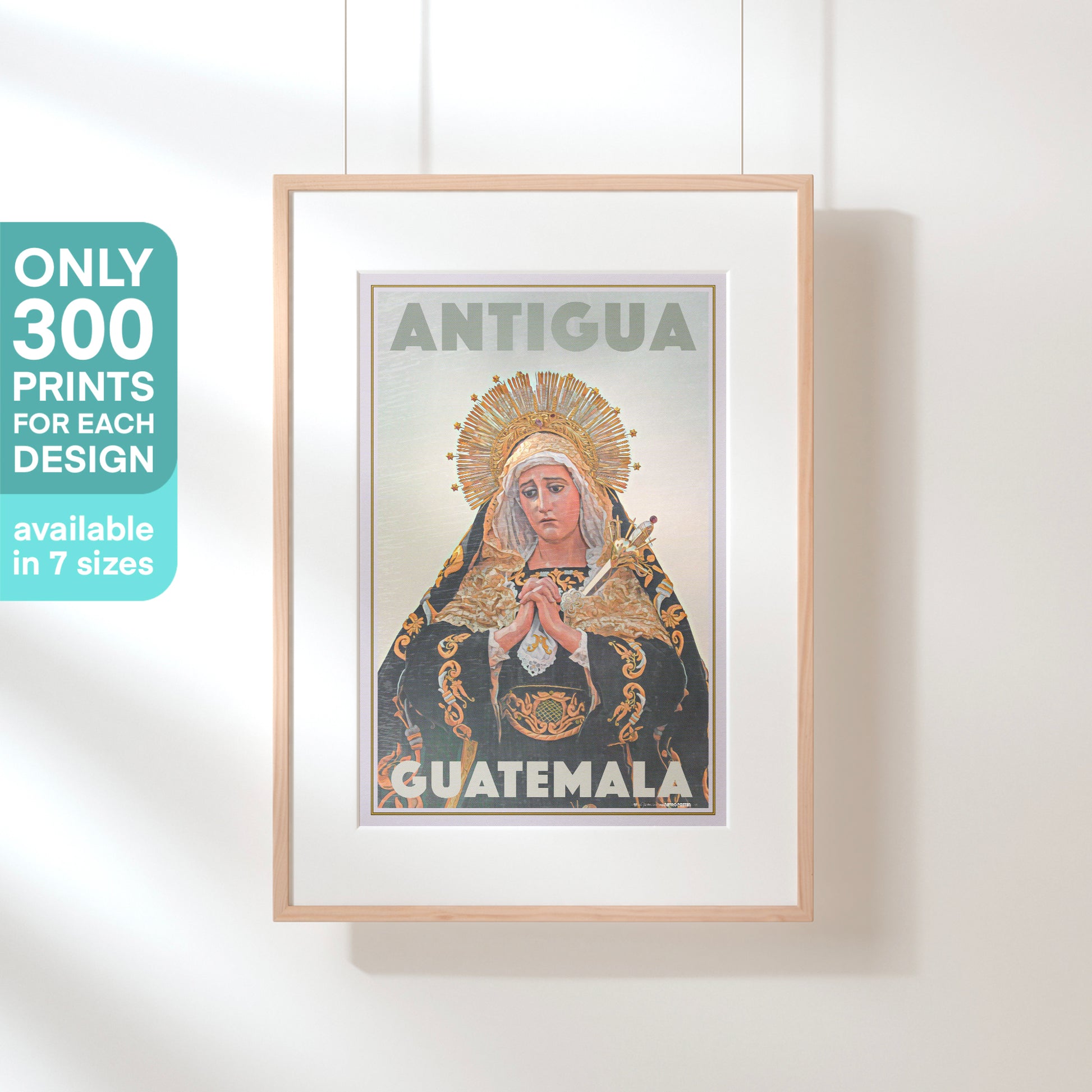 Virgin Mary Antigua poster framed elegantly, showcasing the limited edition label that signifies Alecse's exclusive artwork