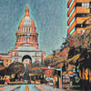 Close-up view of the Austin Texas Travel Poster, highlighting Alecse’s signature soft focus style and vibrant color palette