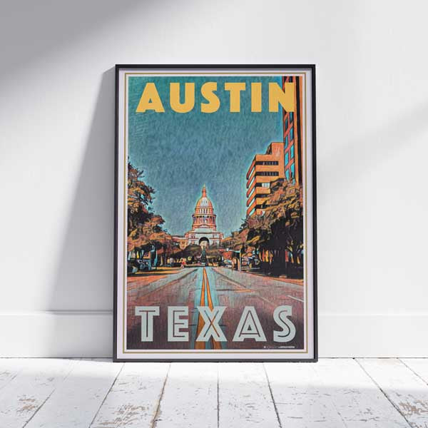 Framed AUSTIN TEXAS POSTER | Limited Edition | Original Design by Alecse™ | Vintage Travel Poster Series