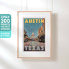 Austin Texas Travel Poster in a hanging frame with a text overlay indicating it’s a 300 copies limited edition (not numbered)