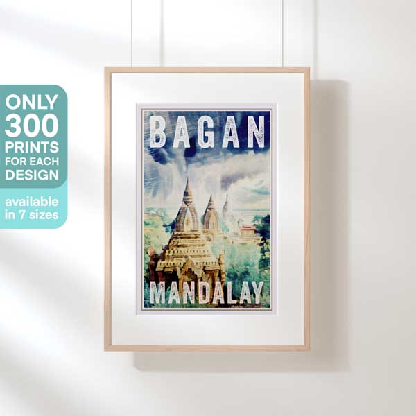Limited edition Bagan Mandalay Travel Poster in a hanging frame, one of 300 prints