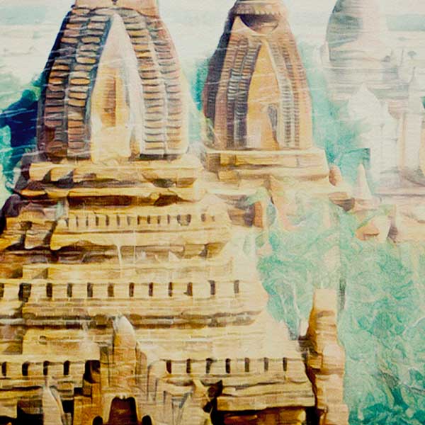 Gros plan sur l'affiche de Bagan Mandalay mettant en valeur le style soft focus d'Alecse