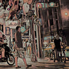 Gros plan détaillé de l'affiche Bangkok « City of Life » d'Alecse, mettant en valeur le style flou et les détails urbains de l'œuvre.