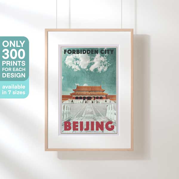 Framed 'Forbidden City' poster, a collector's limited edition piece by Alecse, set against Beijing's skyline