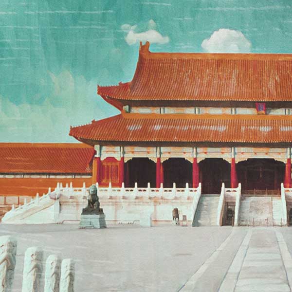Vue détaillée de l'œuvre d'art de la Cité interdite d'Alecse mettant en valeur la grandeur architecturale du palais de Pékin