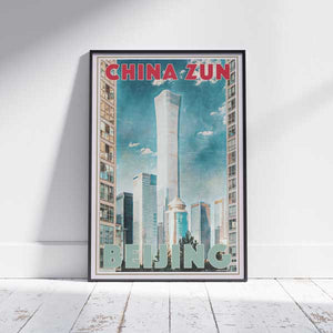Framed Beijing China Zun travel poster by Alecse showing the China Zun tower and Beijing skyline