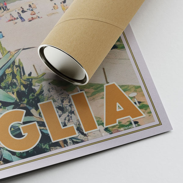 Signature of Alecse on the Polignano Puglia travel poster with a cardboard shipping tube