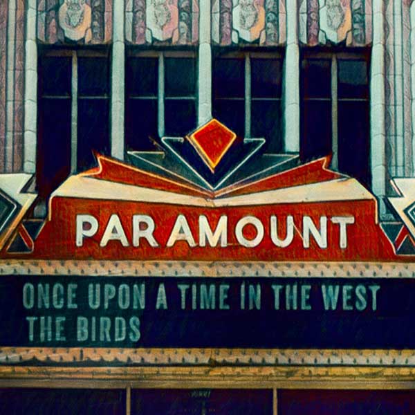 Close-up of "Denver Poster Paramount" showcasing Alecse's soft focus depiction of Denver's Paramount Theater and classic Cadillac