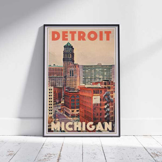 Framed Detroit Michigan Poster on White Wooden Floor by Alecse - Limited Edition Art