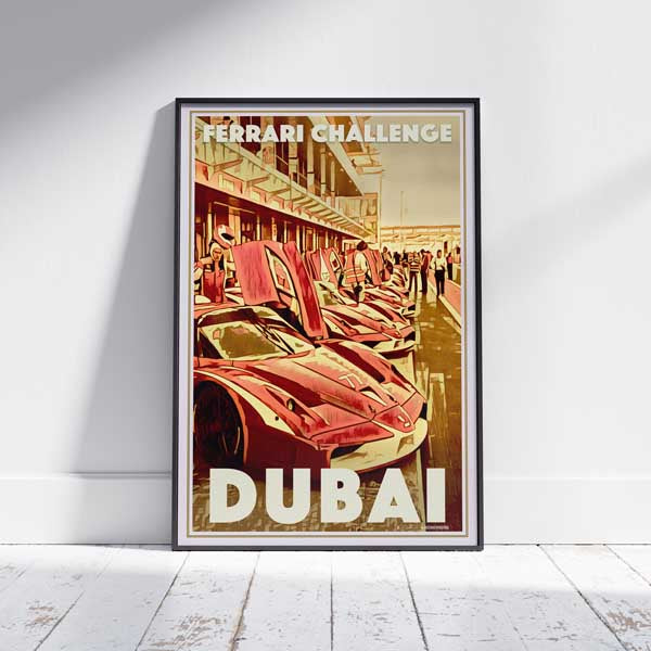 AFFICHE FERRARI CHALLENGE DUBAI encadrée | Édition Limitée | Conception originale par Alecse™ | Série d'affiches de voyage vintage