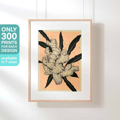 Ginger Drip' poster by Cha displayed in a frame, emphasizing its status as a limited 300ex piece from the Vintage Exotics™ series