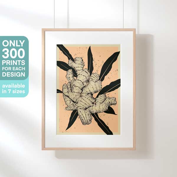 Ginger Drip' poster by Cha displayed in a frame, emphasizing its status as a limited 300ex piece from the Vintage Exotics™ series