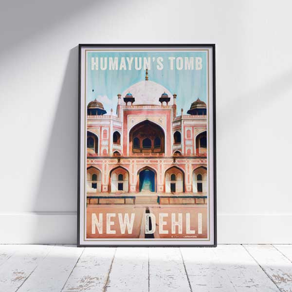 Humayun's Tomb travel poster by Alecse showcasing the intricate details of New Delhi's iconic landmark in vibrant colors