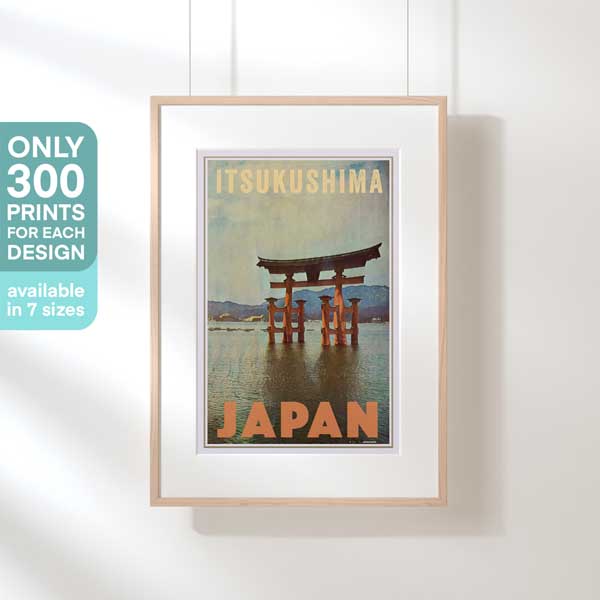Framed 'Miyajima' poster by Alecse, highlighting the limited edition of 300 prints featuring Itsukushima Shrine
