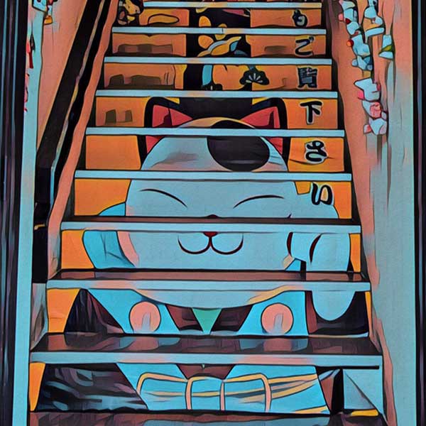 Close-up of Alecse's Kyoto Lucky Cat Poster showcasing the unique entrance to a Kyoto restaurant with lucky cat steps