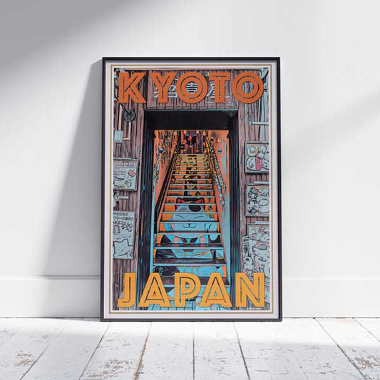 Kyoto Lucky Cat Poster by Alecse in a frame against a white wooden floor, capturing the essence of Japan’s cultural decor