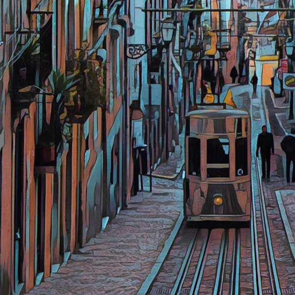 Details of the tram in the poster of Lisbon by Alecse