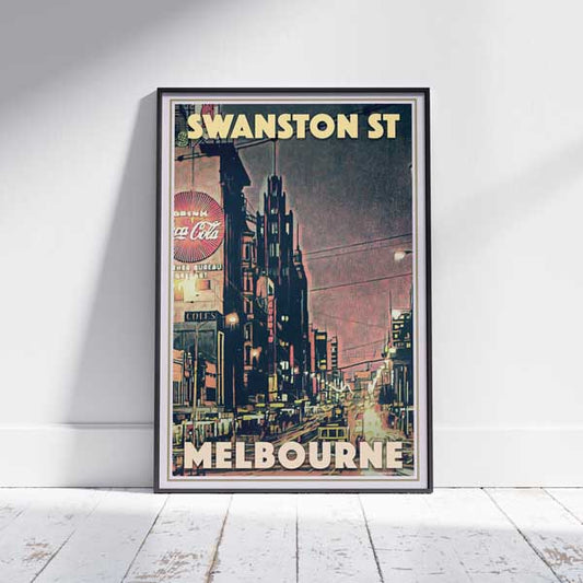 Limited Edition Swanston Street Melbourne Poster framed on a white wooden floor, embodying the city's vibe