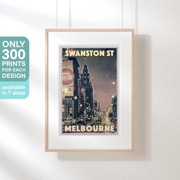 Swanston Street Art Poster displayed in a hanging frame, showcasing its exclusivity as a 300-copy limited edition