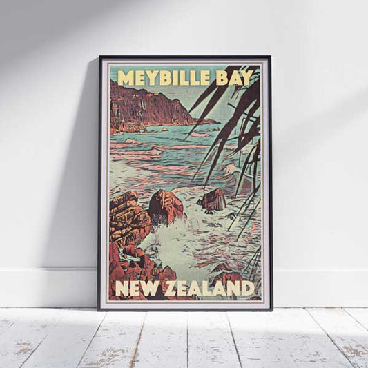 Framed Meybille Bay print, New Zealand Travel Poster by Alecse