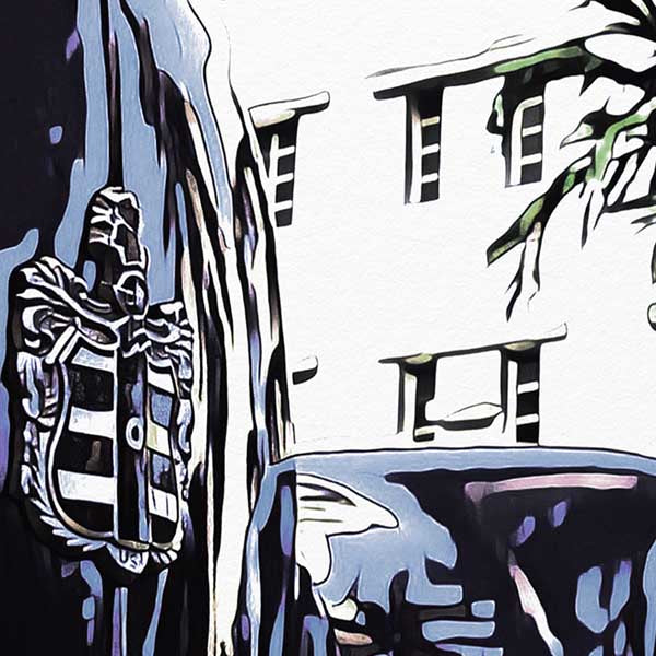 Close-up of "Miami Cadillac" travel poster, showcasing Alecse's soft focus style and vibrant portrayal of Miami's Art Deco elegance