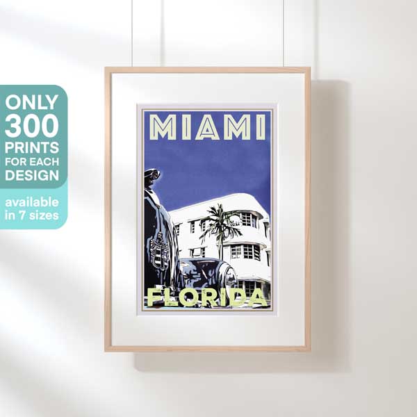 Limited edition "Miami Cadillac" travel poster by Alecse in a hanging frame, part of a 300-piece exclusive series celebrating Miami's culture