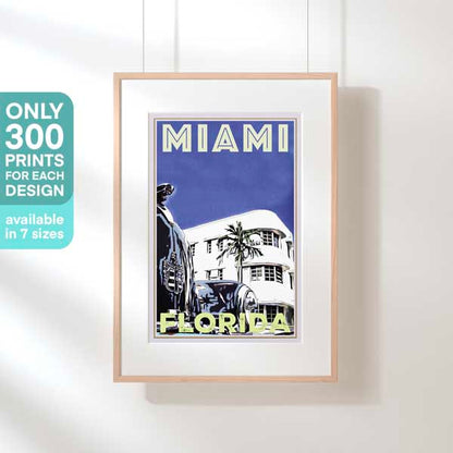 Limited edition "Miami Cadillac" travel poster by Alecse in a hanging frame, part of a 300-piece exclusive series celebrating Miami's culture