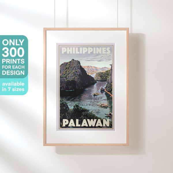Hanging-frame image of the Palawan travel poster, marked as a limited edition of 300 copies (not numbered)