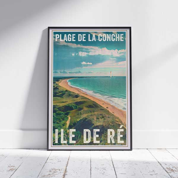 Framed Re Island poster picturing the famous beach of la Conche between Ars and Les Portes with the Phare des Baleines (Whales' Lighthouse) in the background