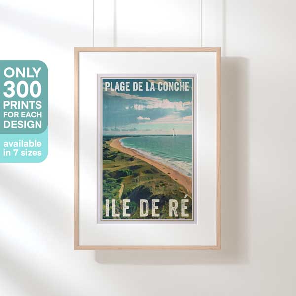 Affiche de l'île de Ré représentant la célèbre plage de la Conche entre Ars et Les Portes avec le Phare des Baleines en arrière-plan