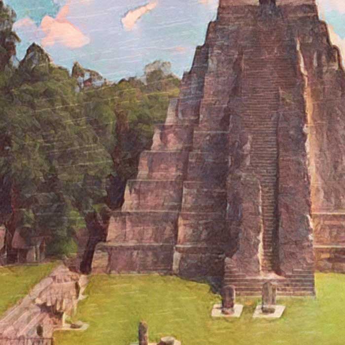 Détails de la Pyramide Gran Jaguar à Tikal | Affiche de voyage au Guatemala