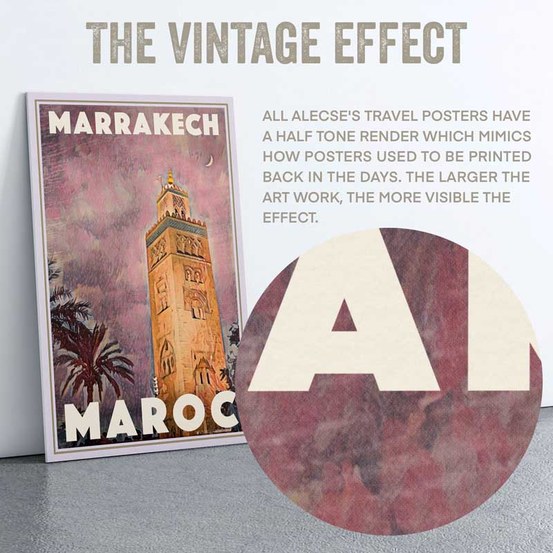 Gros plan sur la demi-teinte de l'affiche Marrakech du Maroc par Alecse
